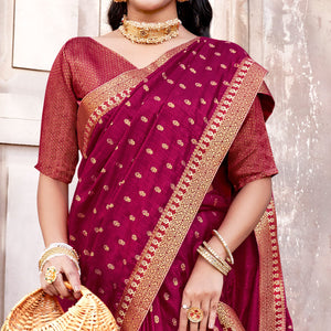 Magenta Floral Foil Printed Vichitra Silk Saree