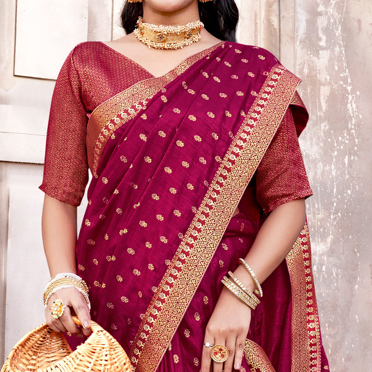 Magenta Floral Foil Printed Vichitra Silk Saree