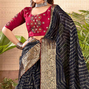 Blue Zari Printed Cotton Silk Saree With Tassels