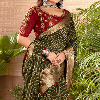 Mehendi Green Zari Printed Cotton Silk Saree With Tassels