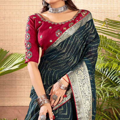 Dark Teal Zari Printed Cotton Silk Saree With Tassels