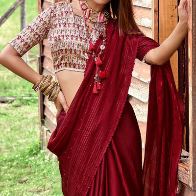 Maroon Swarovski Work Solid Chiffon Saree
