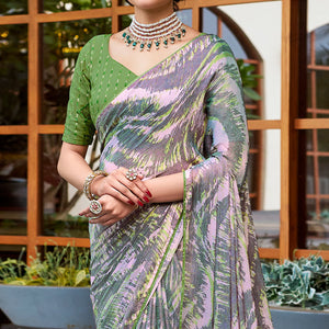 Grey Printed Chiffon Saree With Tassels