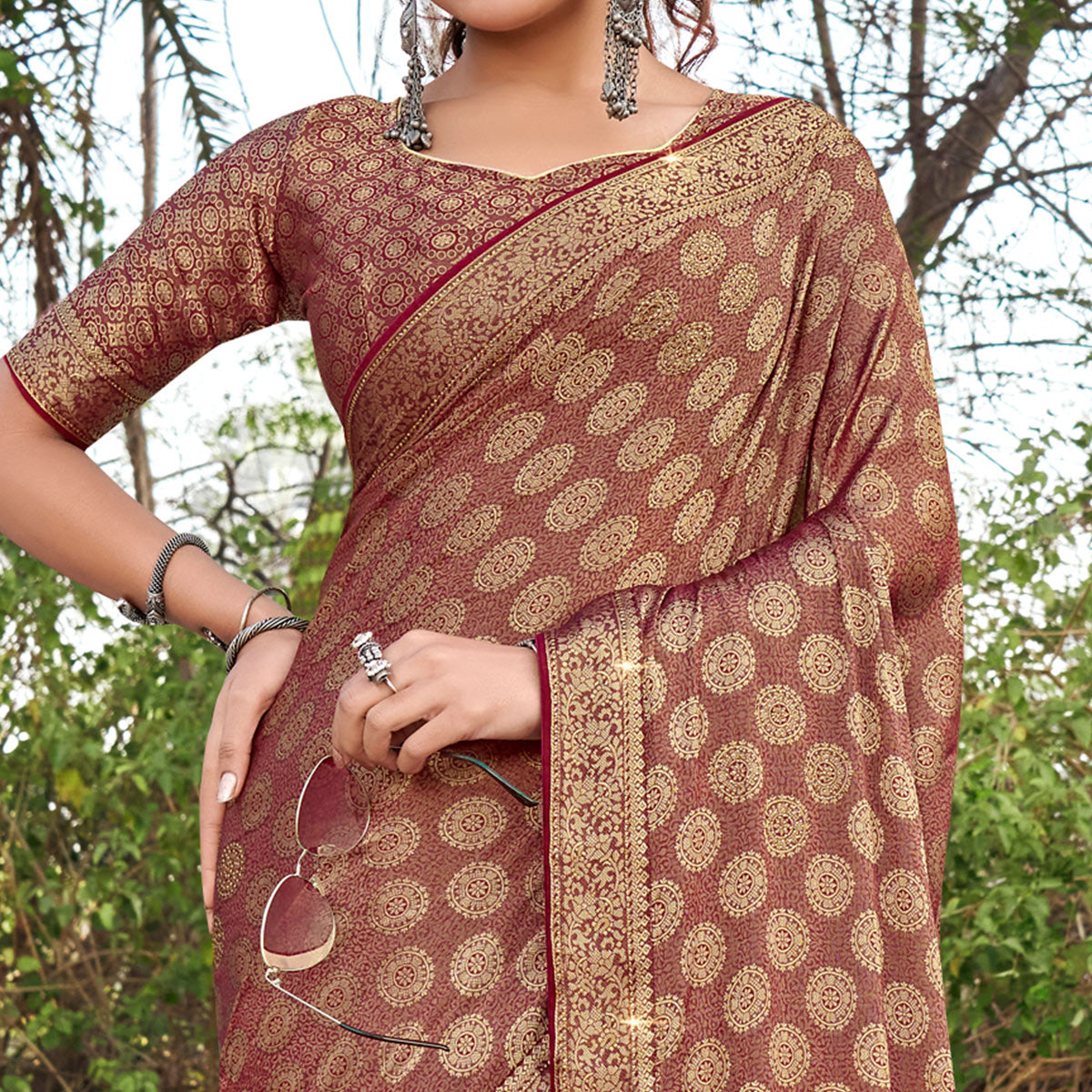 Maroon Woven With Swarovski Work Pure Silk Saree