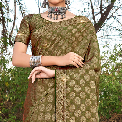 Mehendi Green Woven With Swarovski Work Pure Silk Saree