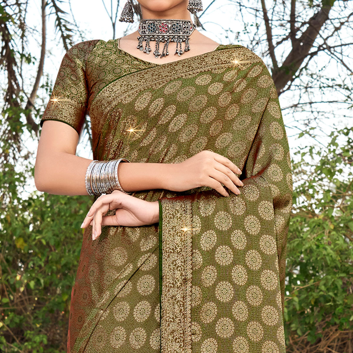 Mehendi Green Woven With Swarovski Work Pure Silk Saree