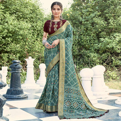 green-bandhani-printed-dola-silk-saree