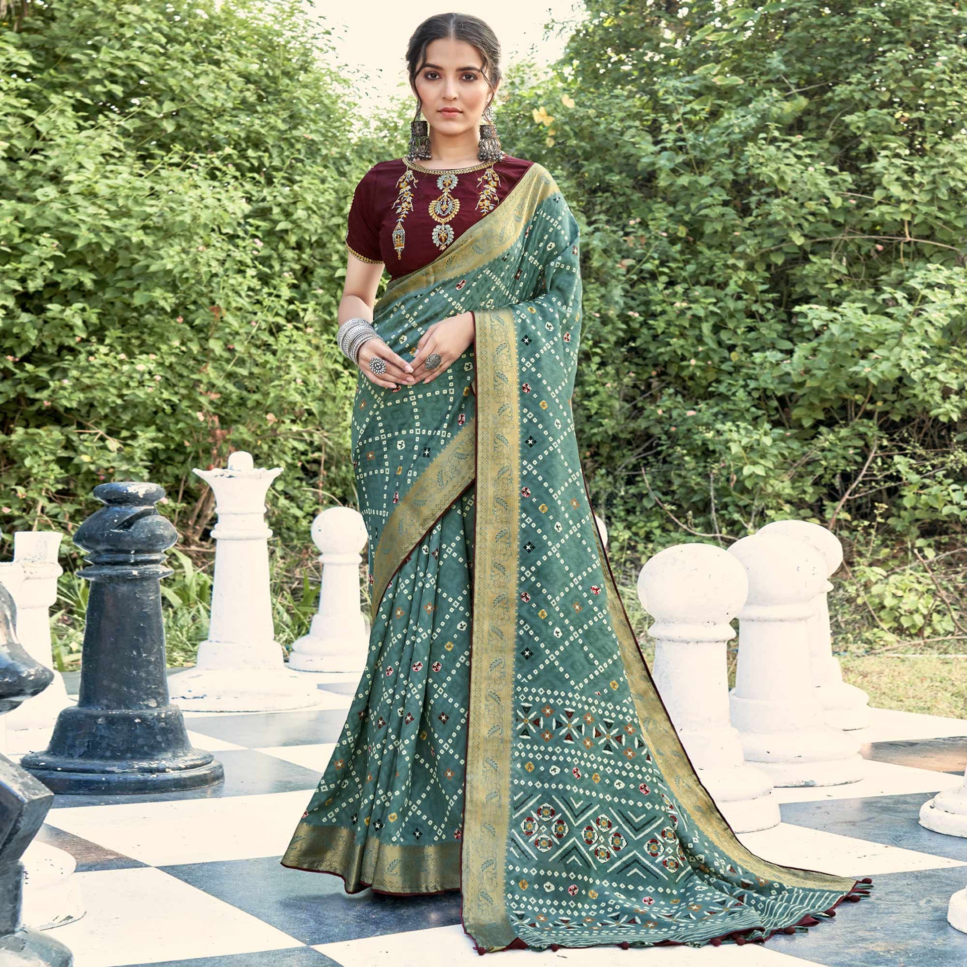 green-bandhani-printed-dola-silk-saree