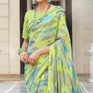 green-geometric-printed-georgette-saree-with-lace-border