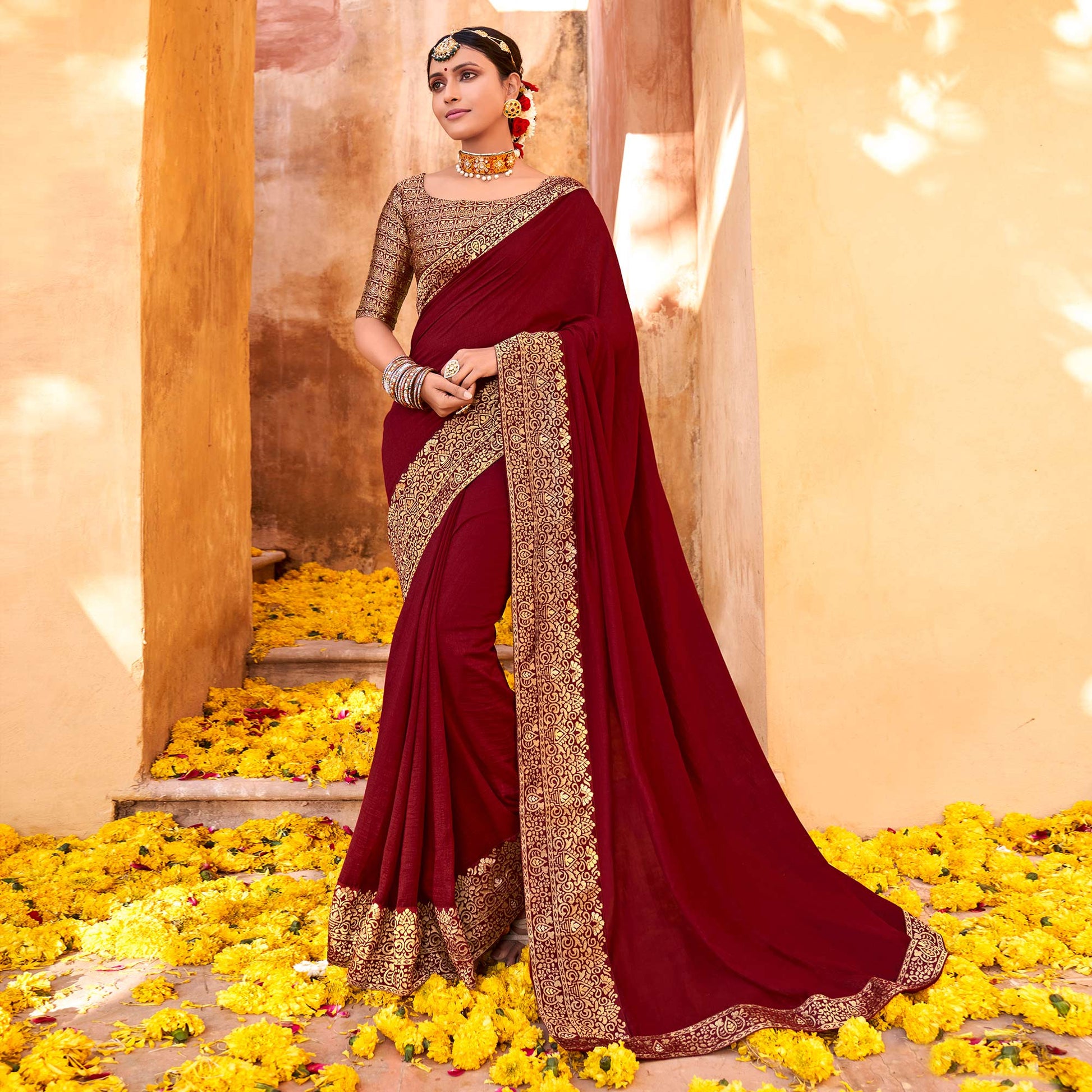 Maroon Solid With Jacquard Border Vichitra Silk Saree