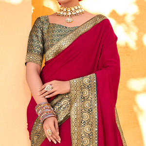 Magenta Solid With Jacquard Border Vichitra Silk Saree