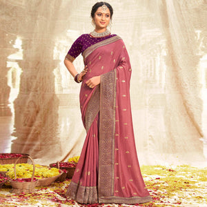 Cherry Pink Floral Zari Weaving Vichitra Silk Saree