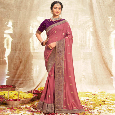 Cherry Pink Floral Zari Weaving Vichitra Silk Saree