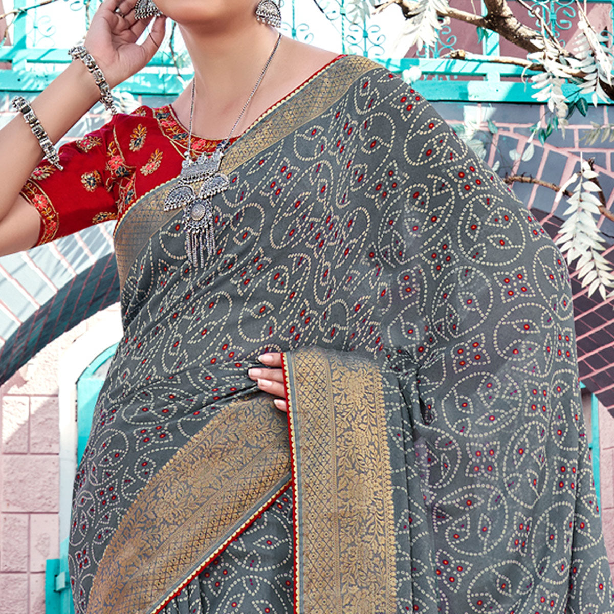 grey-bandhani-printed-georgette-saree