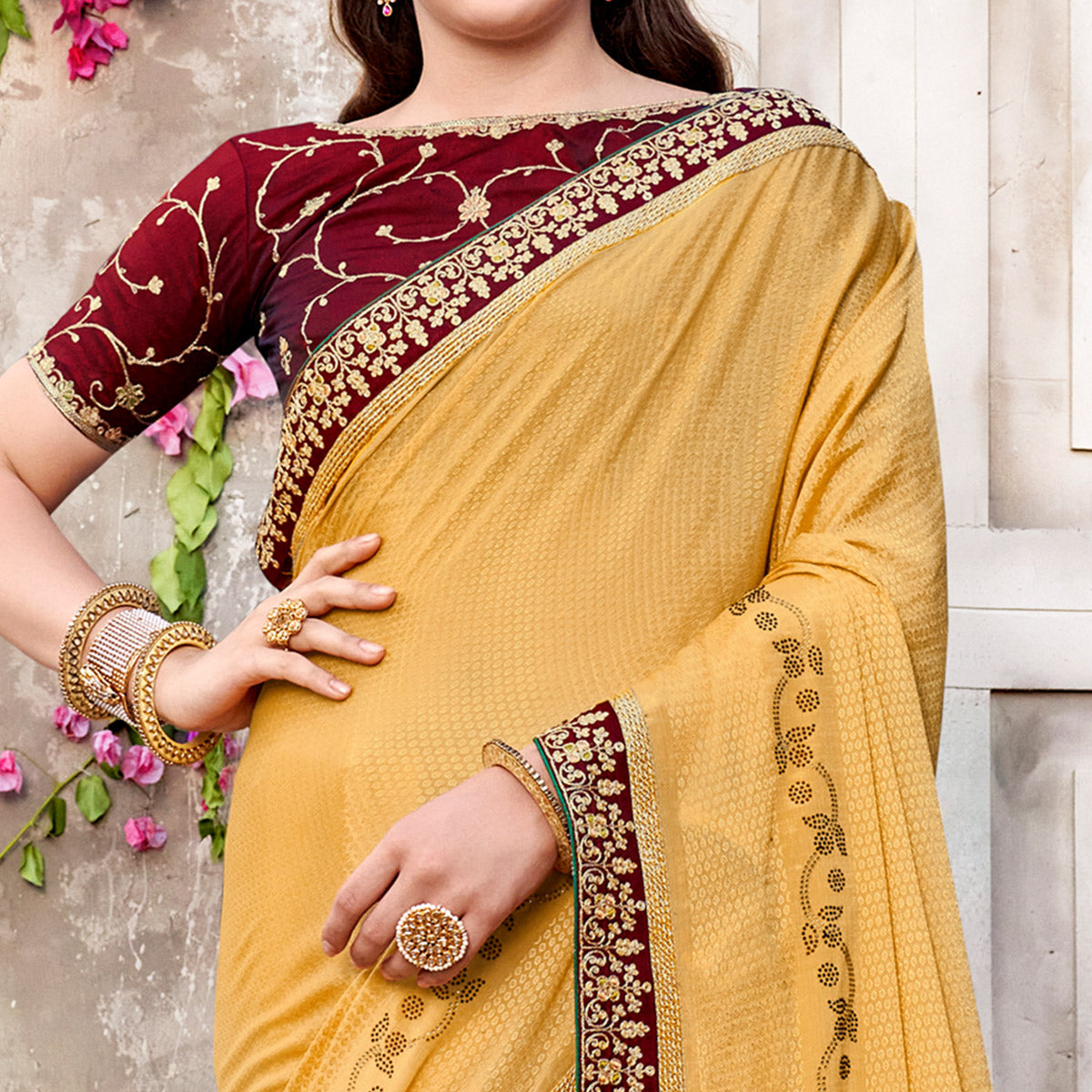 Chikoo Embroidered Chinon Saree With Swarovski Work