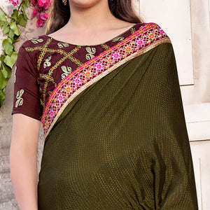 Mehandi Green Embroidered Chinon Saree With Swarovski Work
