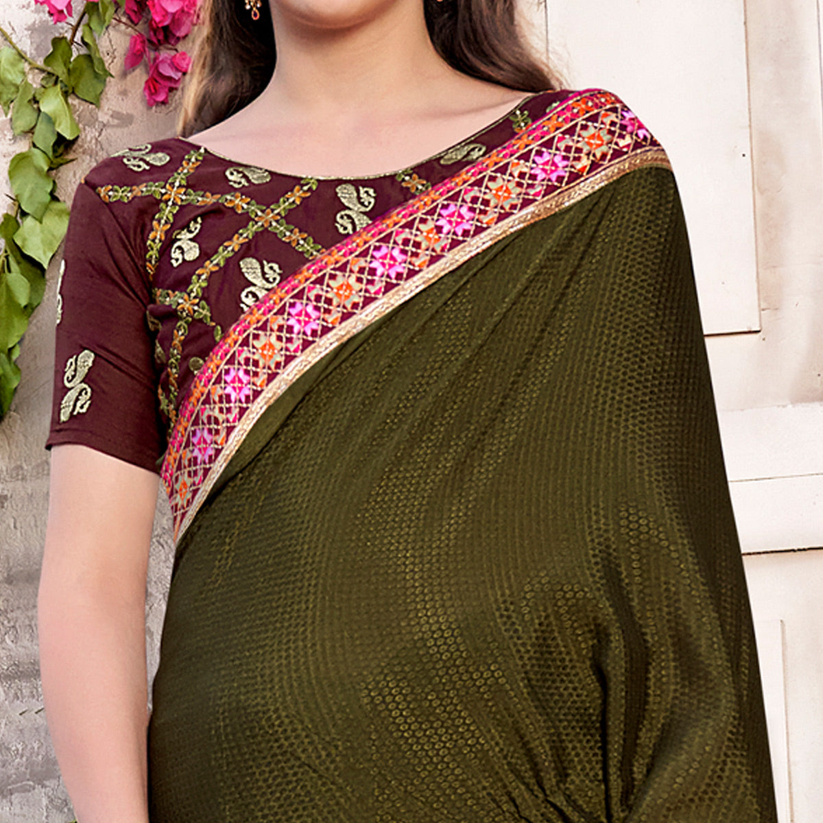Mehandi Green Embroidered Chinon Saree With Swarovski Work