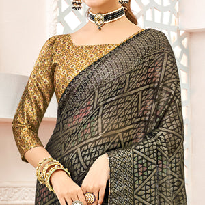 Mehendi Green Geometric Printed Chiffon Brasso Saree