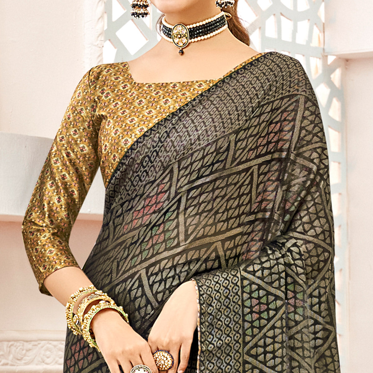 Mehendi Green Geometric Printed Chiffon Brasso Saree