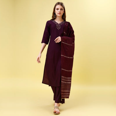 Dark Wine Mirror Embroidered Viscose Salwar Suit