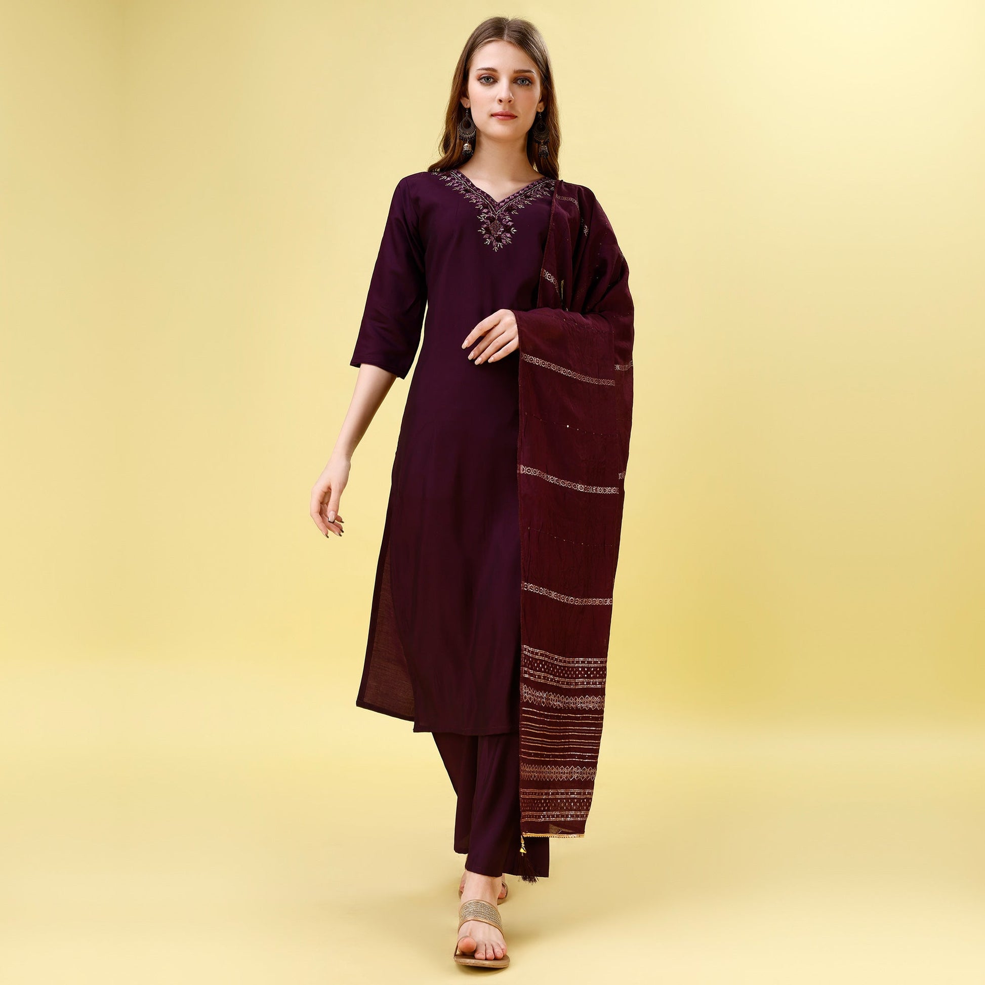 Dark Wine Mirror Embroidered Viscose Salwar Suit