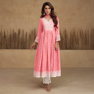 Light Pink Lucknowi Embroidered Rayon Naira Cut Suit