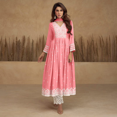 Light Pink Lucknowi Embroidered Rayon Naira Cut Suit