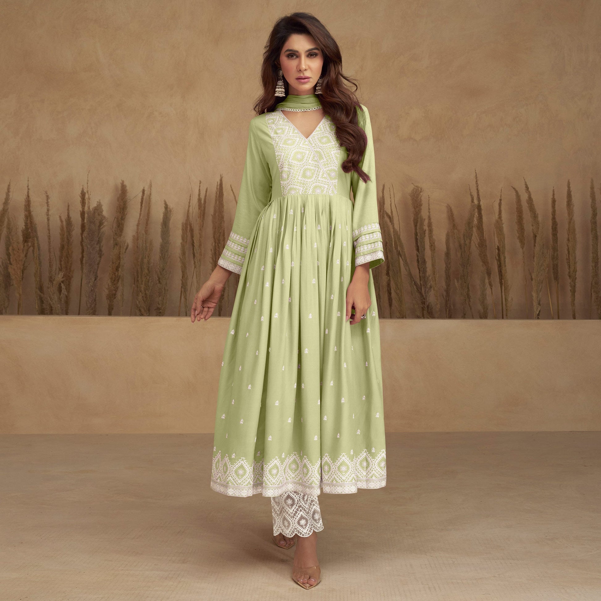 green-lucknowi-embroidered-rayon-naira-cut-suit