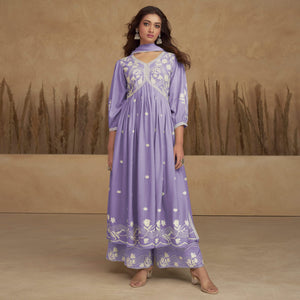 Light Purple Lucknowi Embroidered Rayon Alia Cut Suit