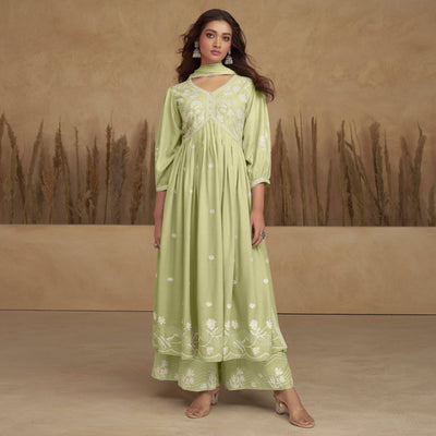 green-lucknowi-embroidered-rayon-alia-cut-suit