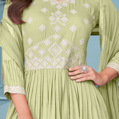 Light Green Floral Embroidered Rayon Palazzo Suit