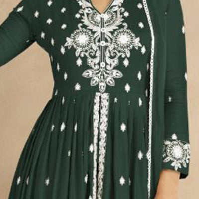 Dark Green Floral Embroidered Rayon Palazzo Suit