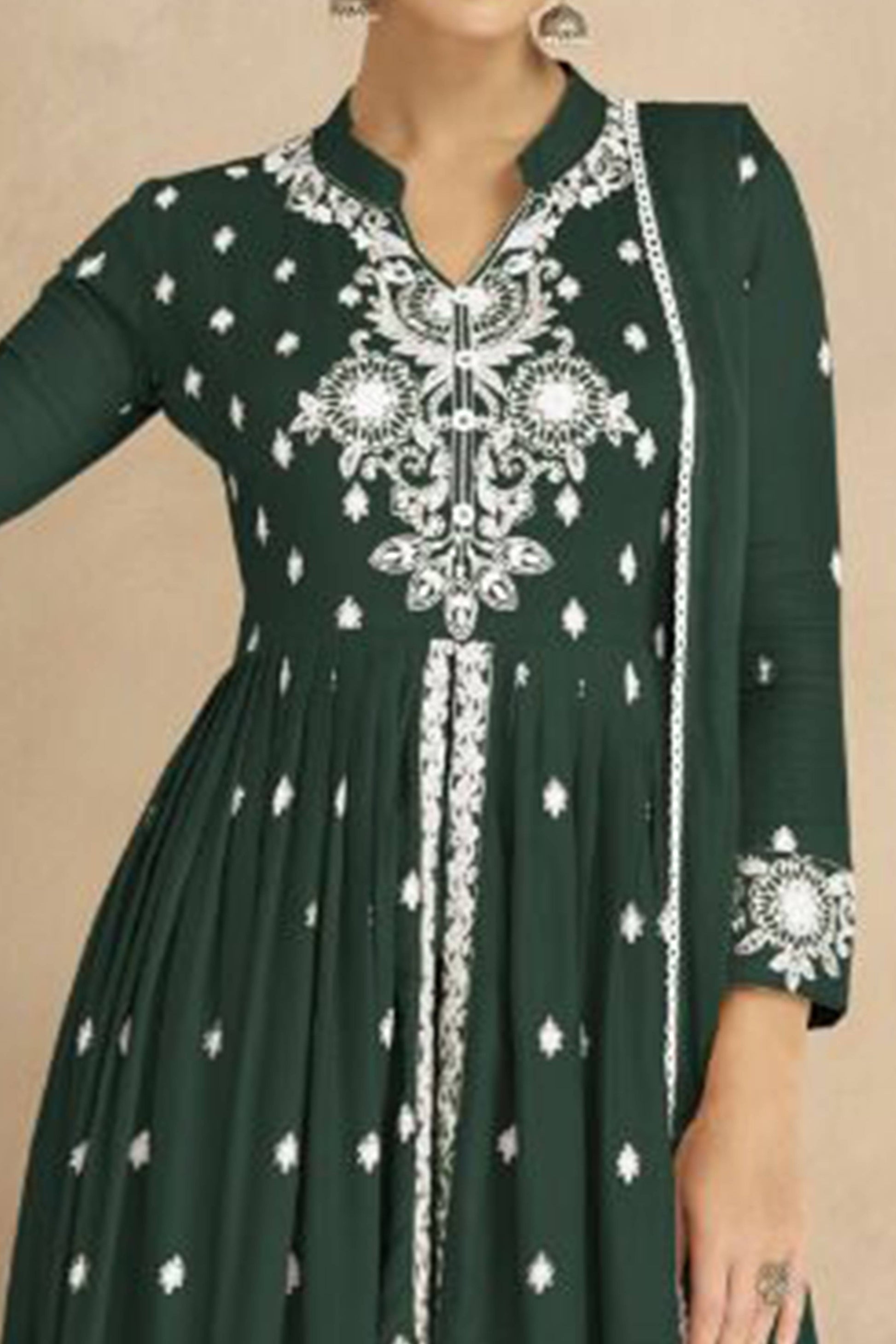 Dark Green Floral Embroidered Rayon Palazzo Suit