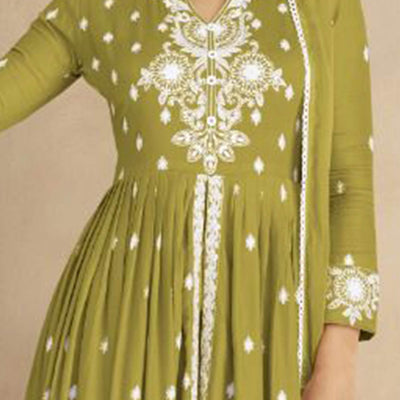 Light Green Floral Embroidered Rayon Palazzo Suit