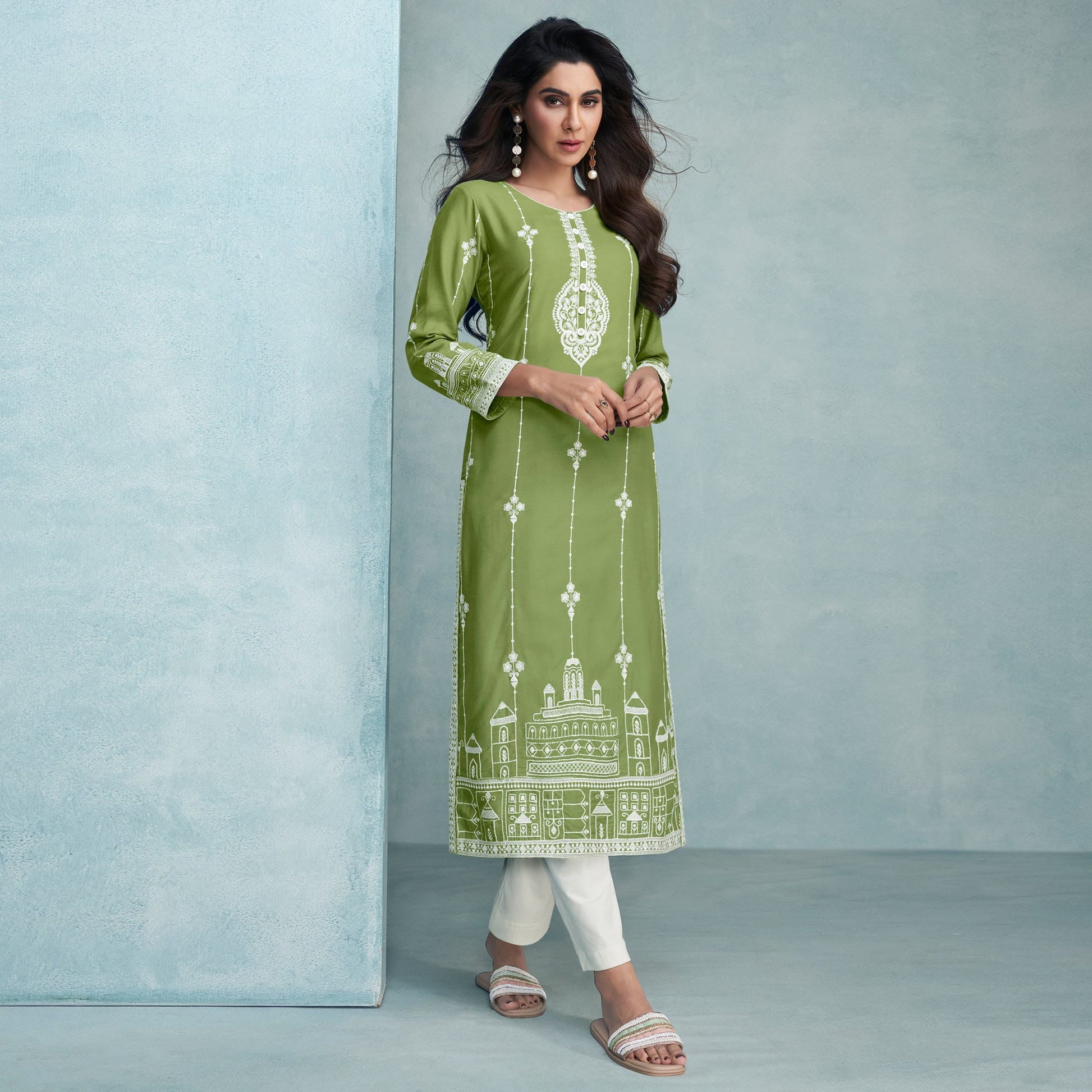 green-lucknowi-embroidered-rayon-kurti-2