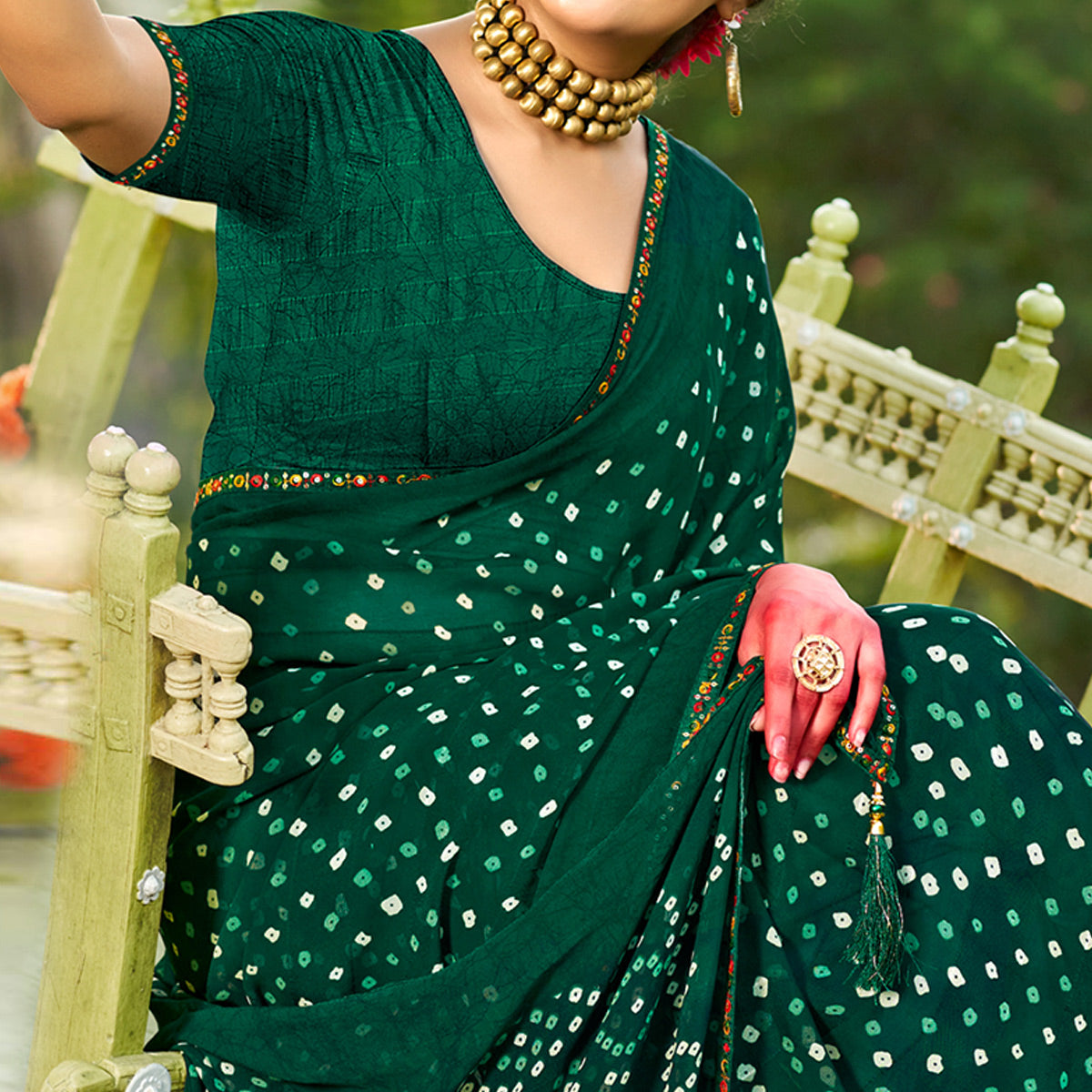 Bottle Green Bandhani Printed Georgette Saree