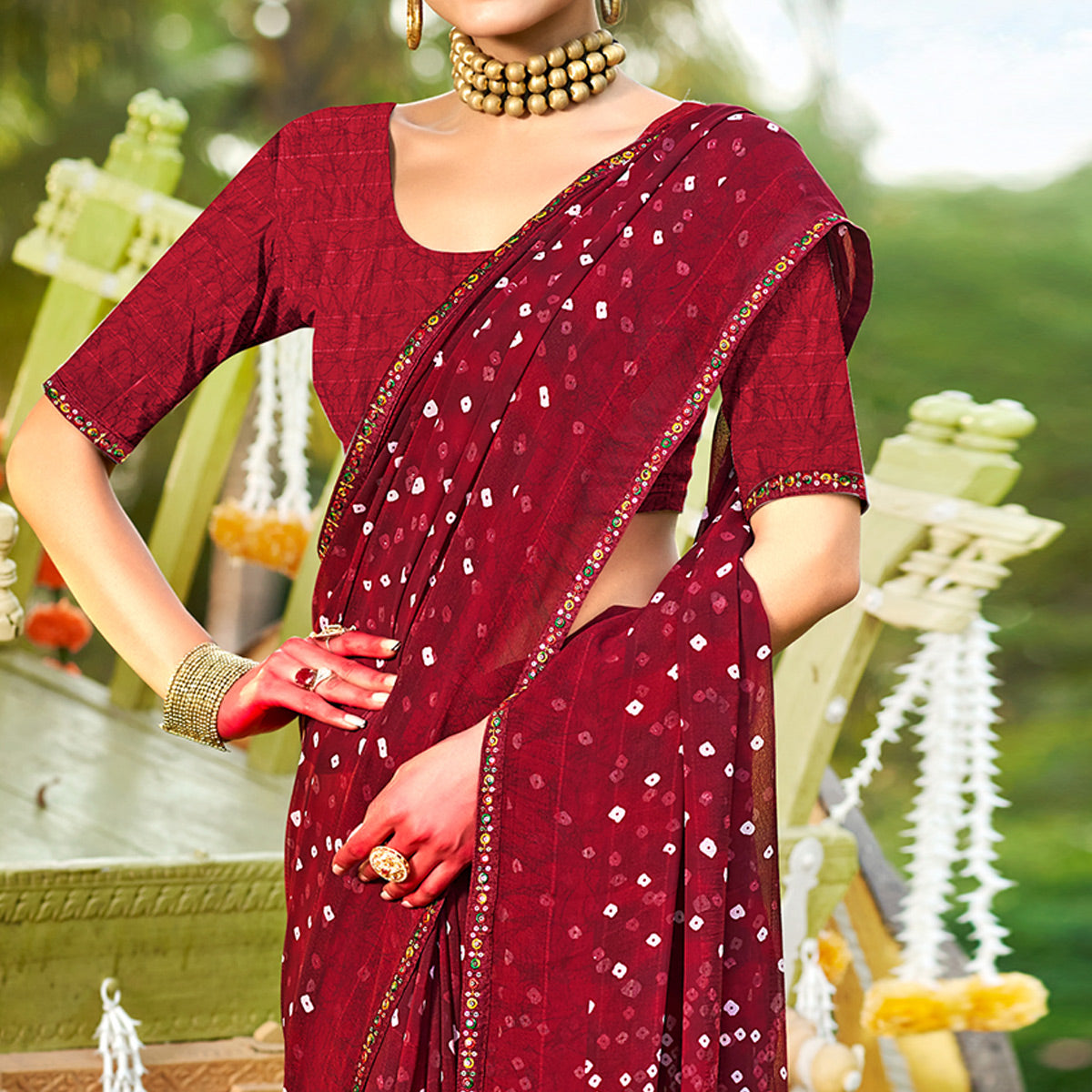 Maroon Bandhani Printed Georgette Saree