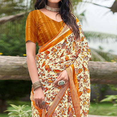 Cream & Brown Floral Printed Chiffon Saree