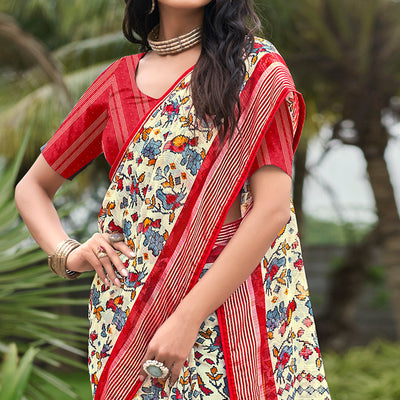 Cream & Red Floral Printed Chiffon Saree