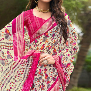 Cream & Pink Floral Printed Chiffon Saree