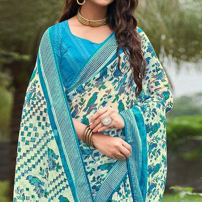 Cream & Blue Floral Printed Chiffon Saree