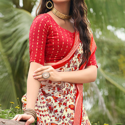 Cream & Dark Red Floral Printed Chiffon Saree
