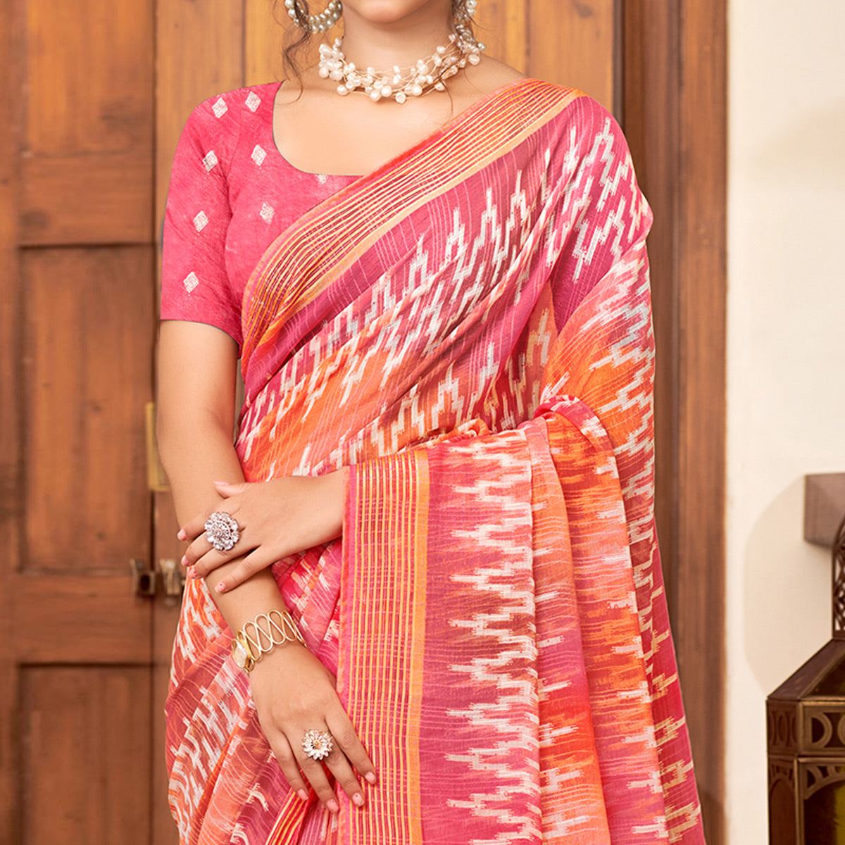 Gajri Pink Ikkat Printed Chiffon Saree