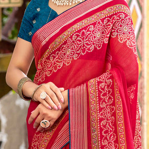 Cherry Red Bandhani Printed Shimmer Chiffon Saree