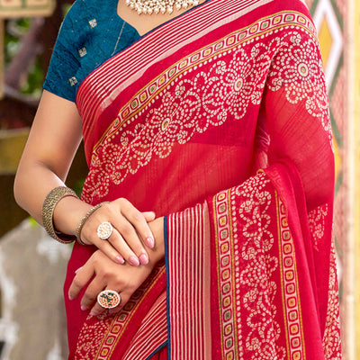 Cherry Red Bandhani Printed Shimmer Chiffon Saree