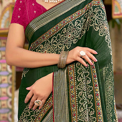 Bottle Green Bandhani Printed Shimmer Chiffon Saree