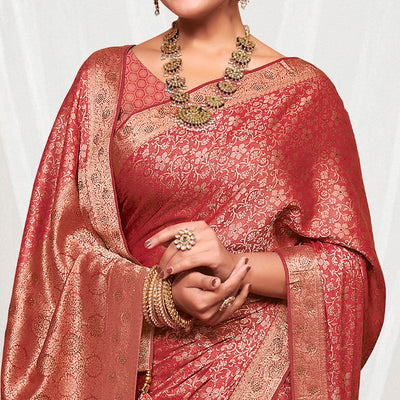 Maroon Floral Zari Work Pure Silk Saree With Tassels