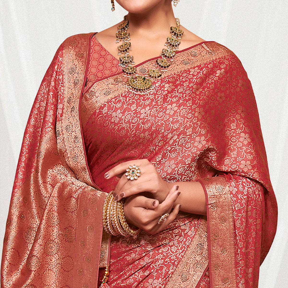 Maroon Floral Zari Work Pure Silk Saree With Tassels