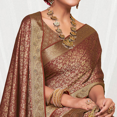 Brown Floral Zari Work Pure Silk Saree With Tassels