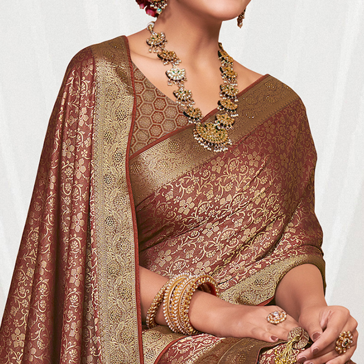 Brown Floral Zari Work Pure Silk Saree With Tassels